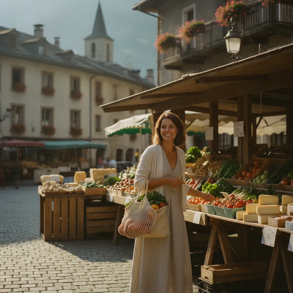 Achats de produits bio au marché de plein air à Annecy