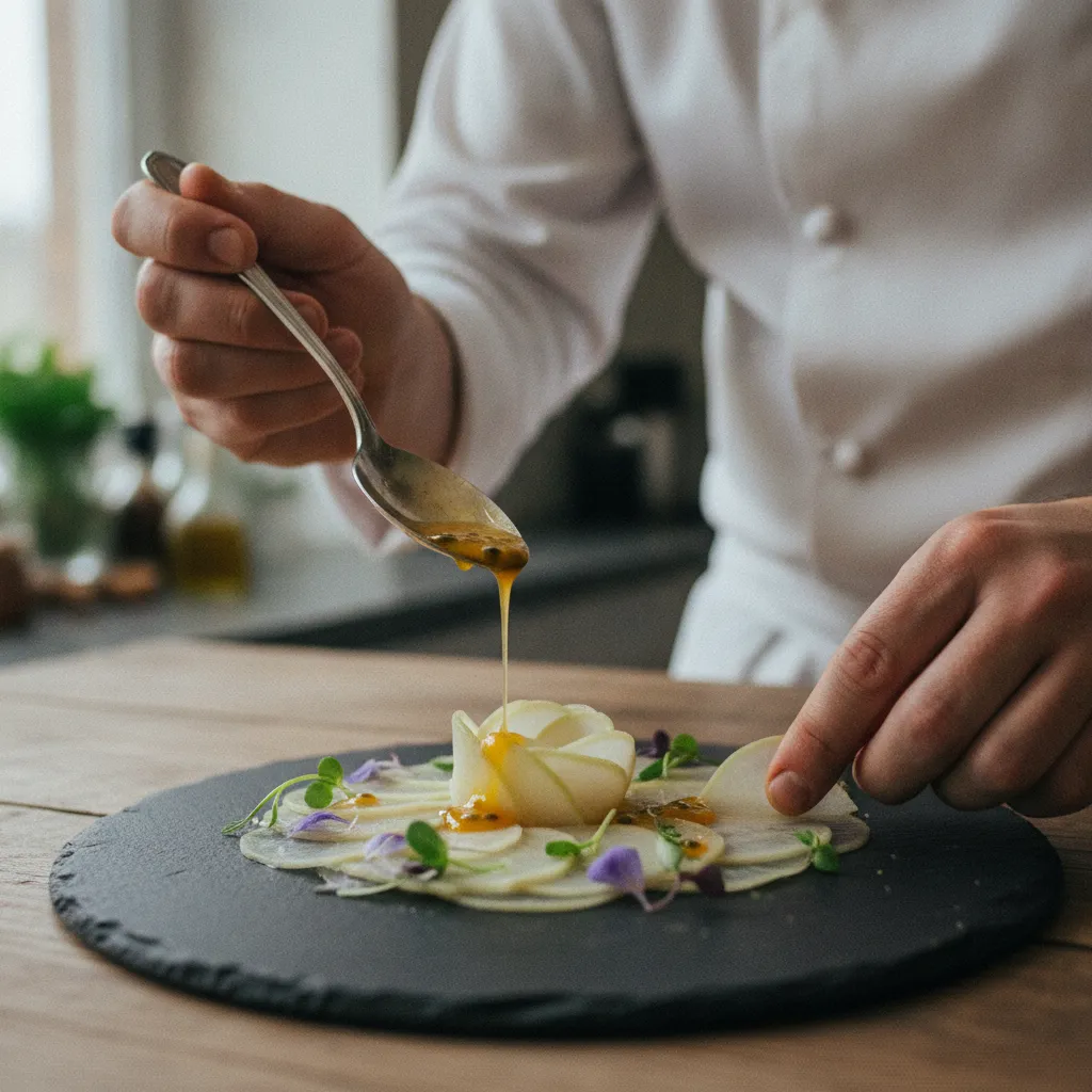 Dressage en rosace d'un carpaccio de chou-rave avec vinaigrette aux fruits de la passion