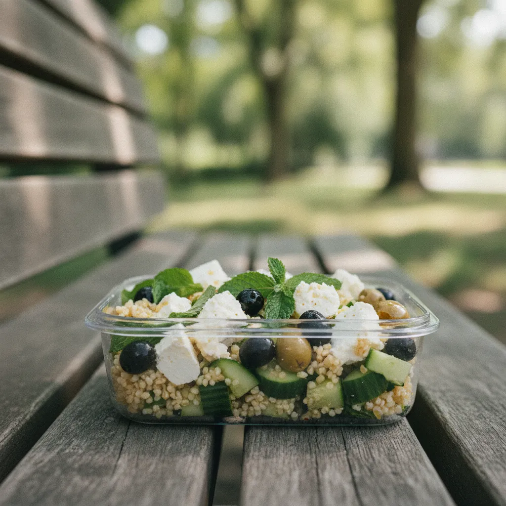 Un bowl méditerranéen au boulgour et à la feta, idéal en lunch box froide