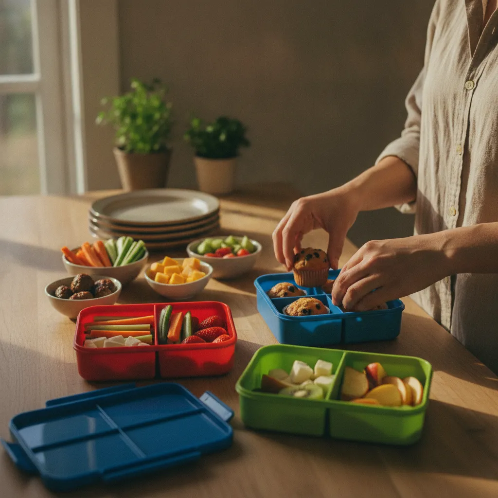Préparation de lunch box compartimentées pour les enfants avant l'école