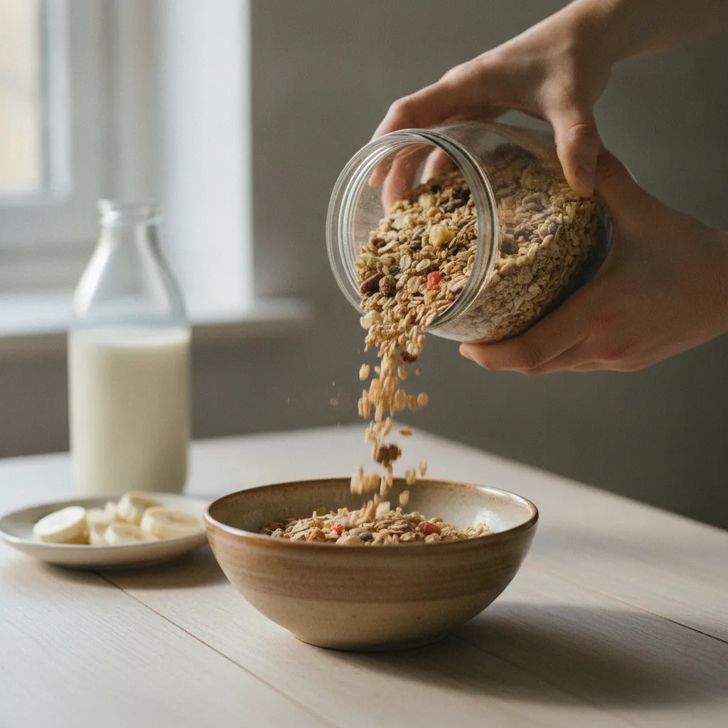 Servir le muesli maison : environ 55 g par portion pour un petit-déjeuner complet