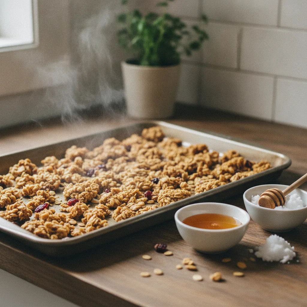 Granola maison croustillant à la sortie du four, prêt à refroidir