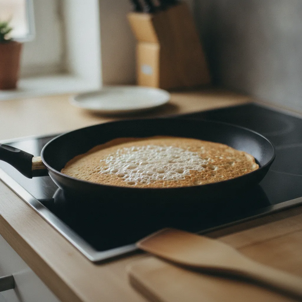 Cuisson des pancakes à feu moyen-doux : les bulles indiquent le moment de retourner