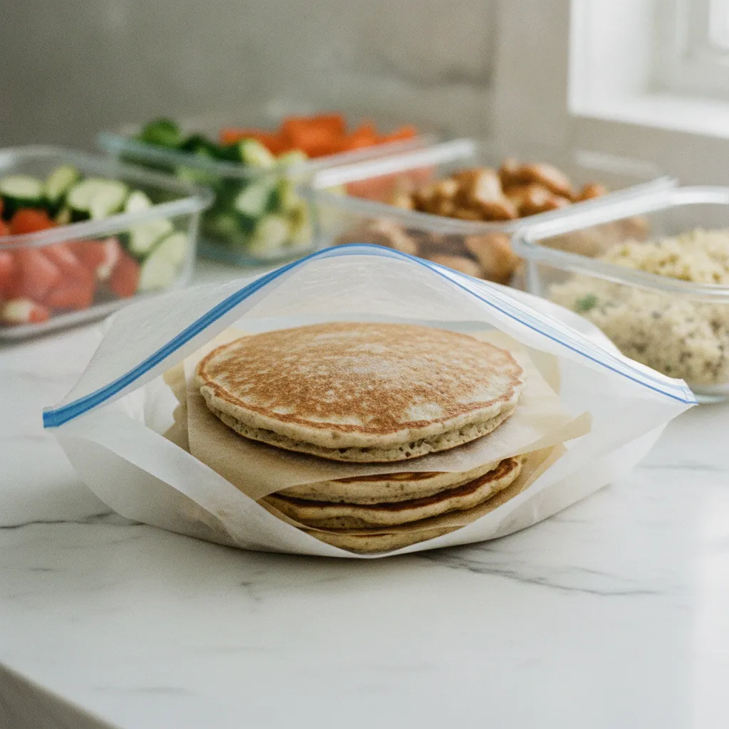 Pancakes intercalés de papier sulfurisé prêts à être congelés pour la semaine