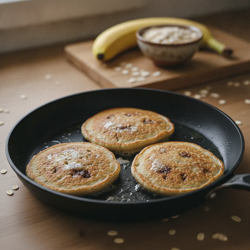 Cuisson des pancakes banane et avoine : retournez quand les bulles apparaissent en surface