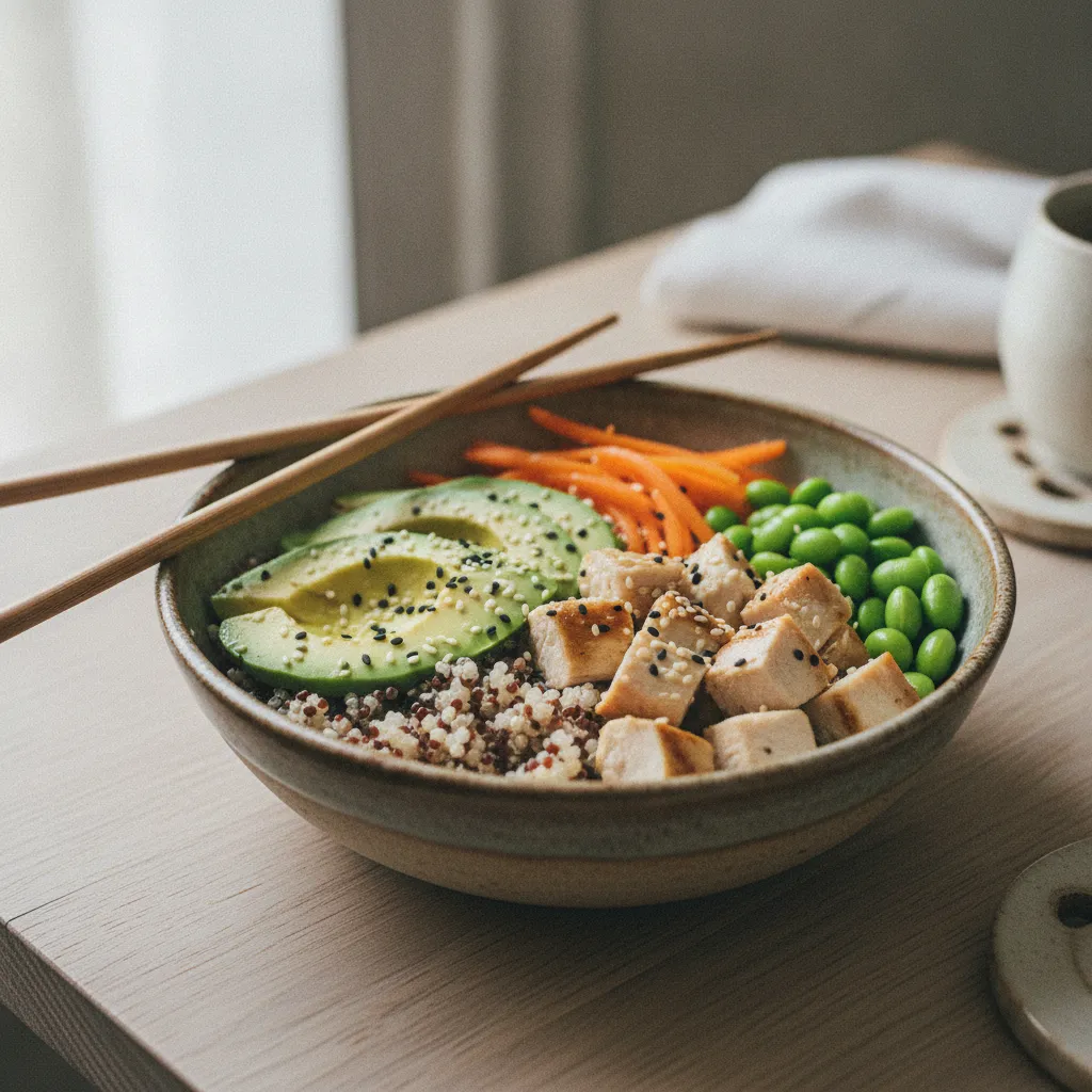 Bowl poulet-quinoa-avocat prêt pour une lunch box équilibrée