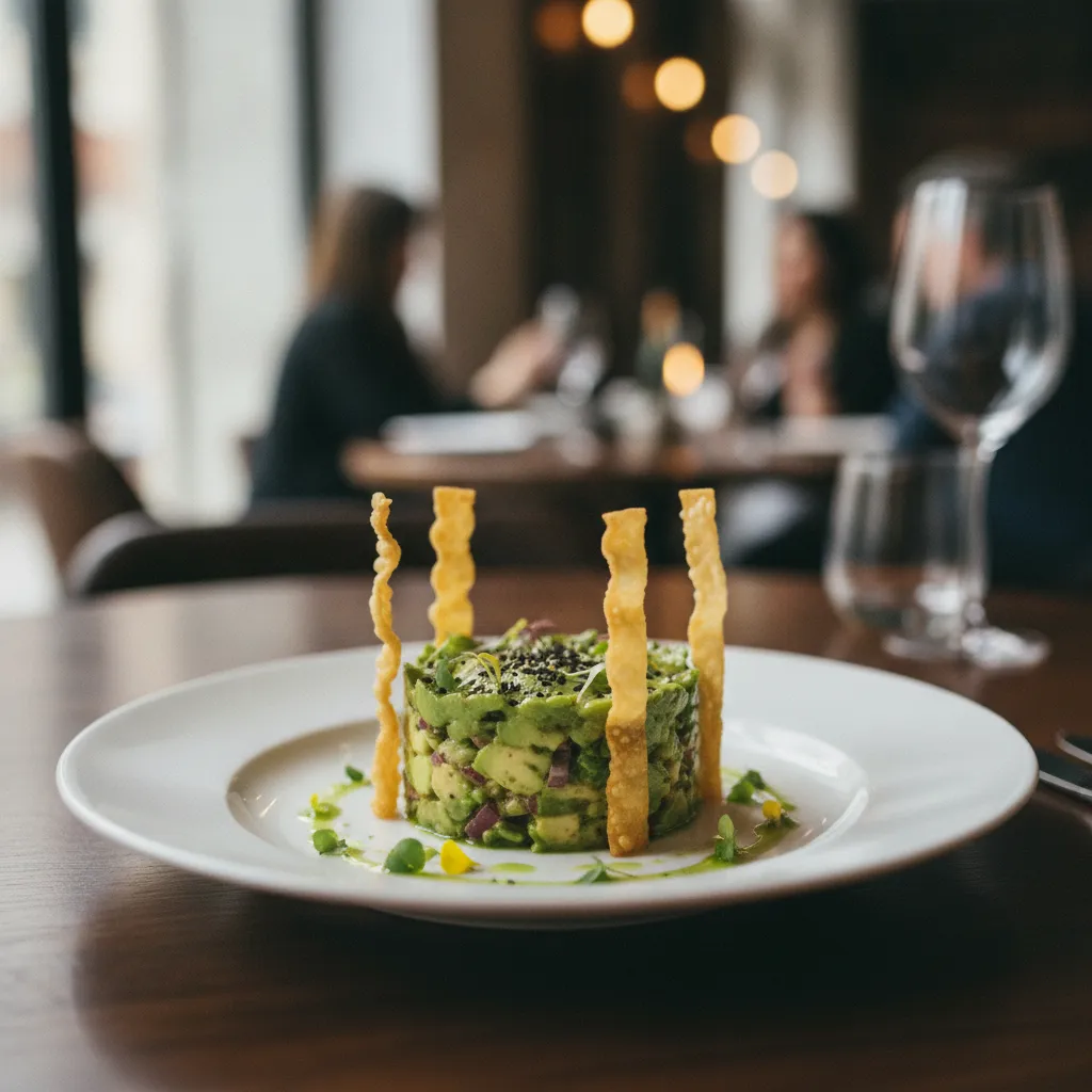 Tartare d'avocat et mangue dressé à l'assiette avec tuiles croustillantes de wonton