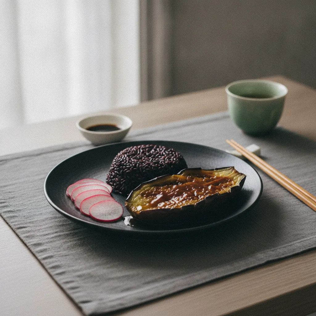 Aubergine laquée au miso servie avec riz noir et pickles de radis roses