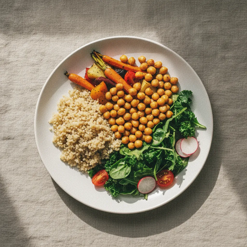 Assiette végétarienne équilibrée vue du dessus avec pois chiches, quinoa et légumes rôtis