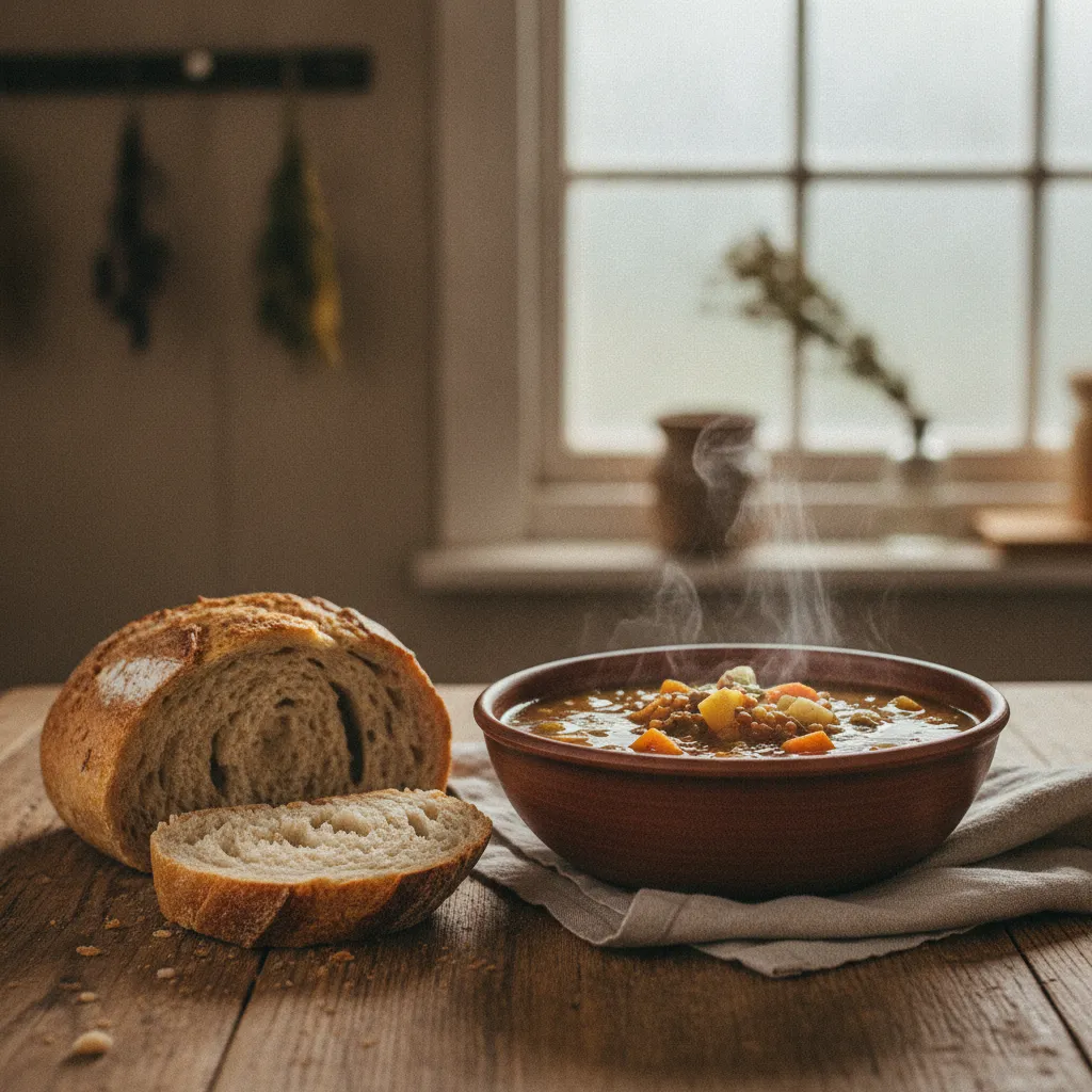 Soupe de lentilles fumante servie avec du pain croustillant pour un dîner d'hiver