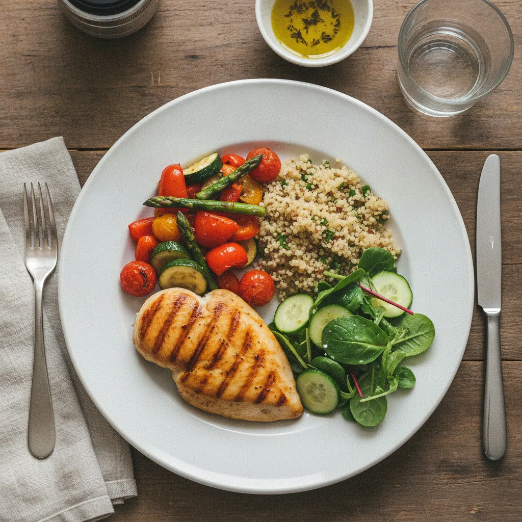 Une assiette équilibrée type : protéine maigre, légumes et féculent complet