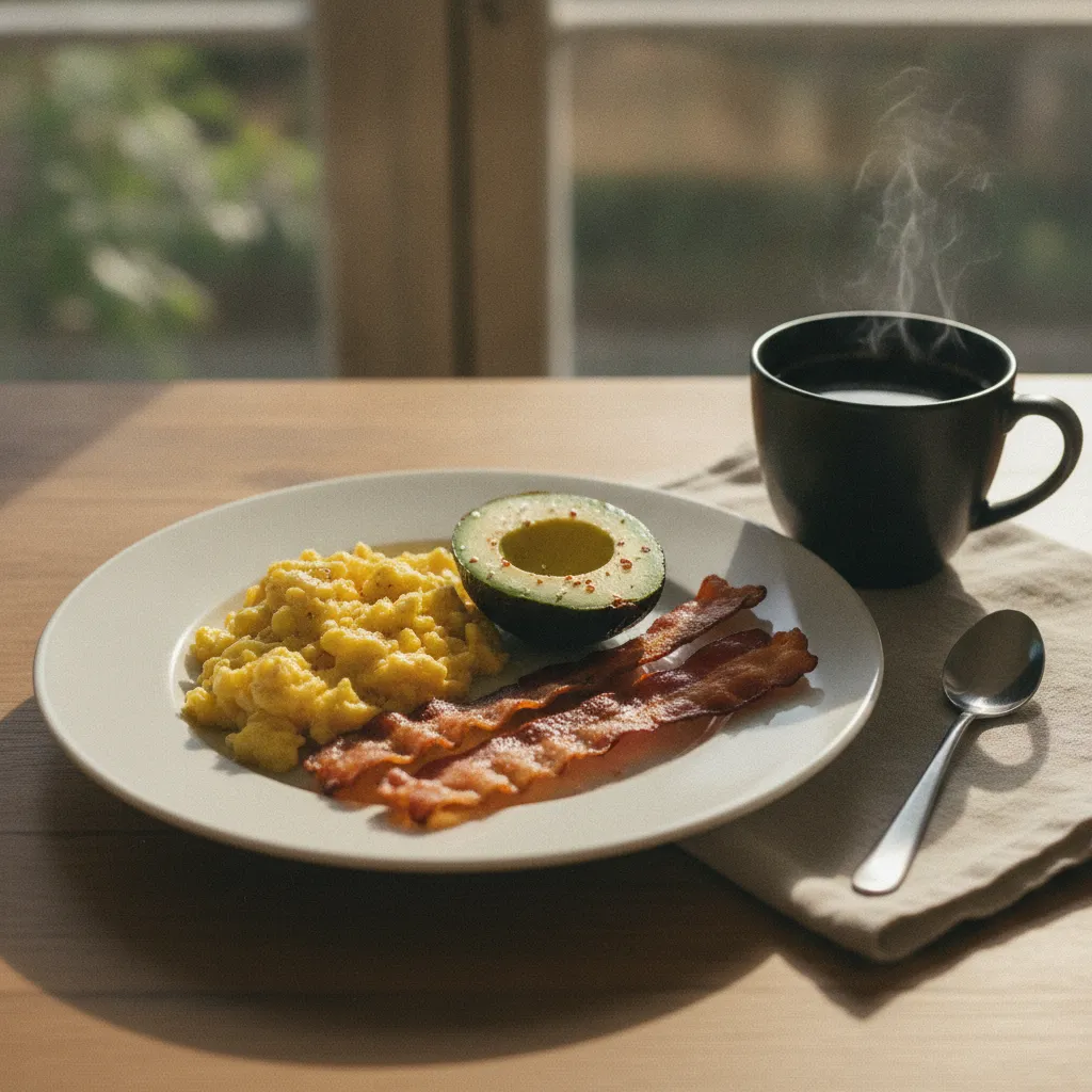 Le petit déjeuner keto associe œufs, avocat et bacon pour un apport riche en lipides
