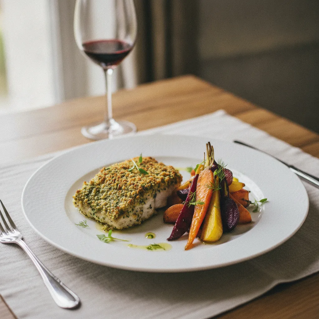 Filet de bar en croûte d'herbes et légumes rôtis : un plat festif à seulement 280 kcal