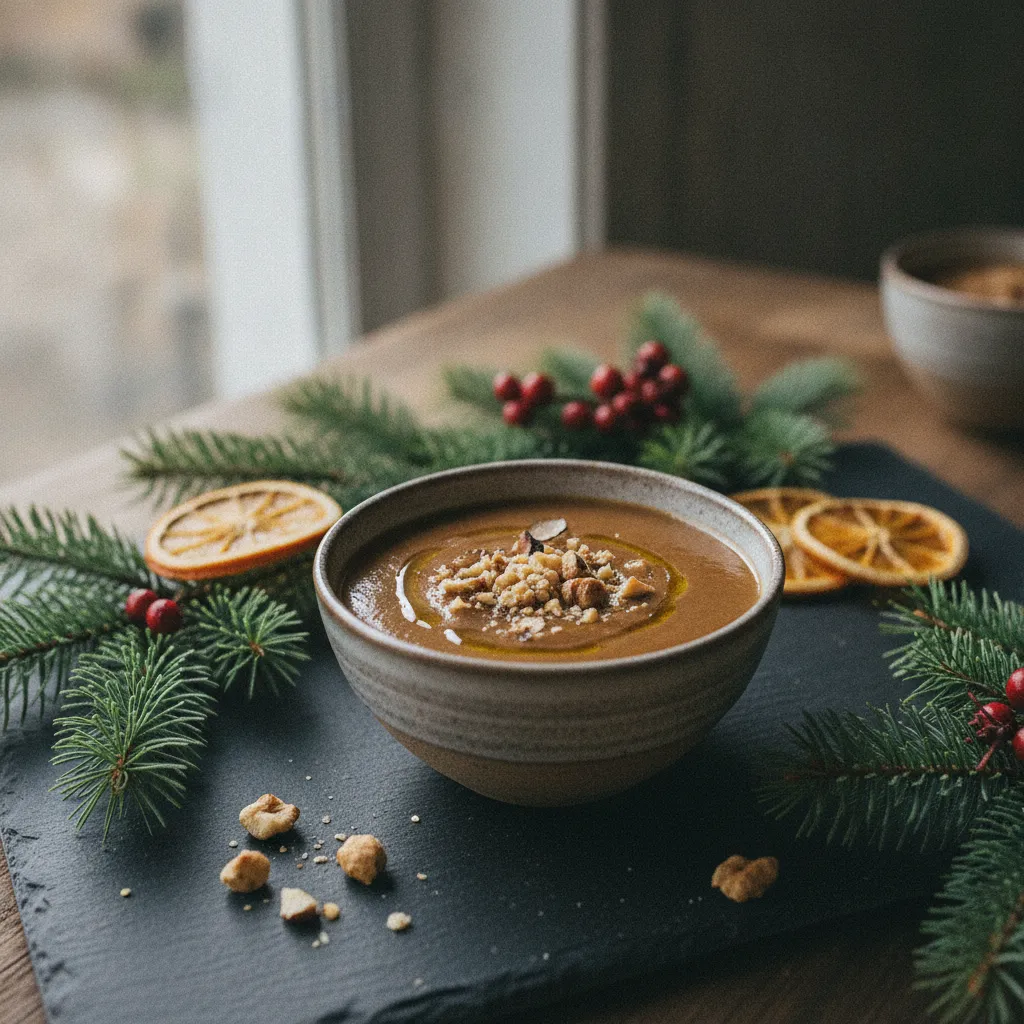 Velouté de châtaignes et cèpes garni de noisettes torréfiées et huile de truffe