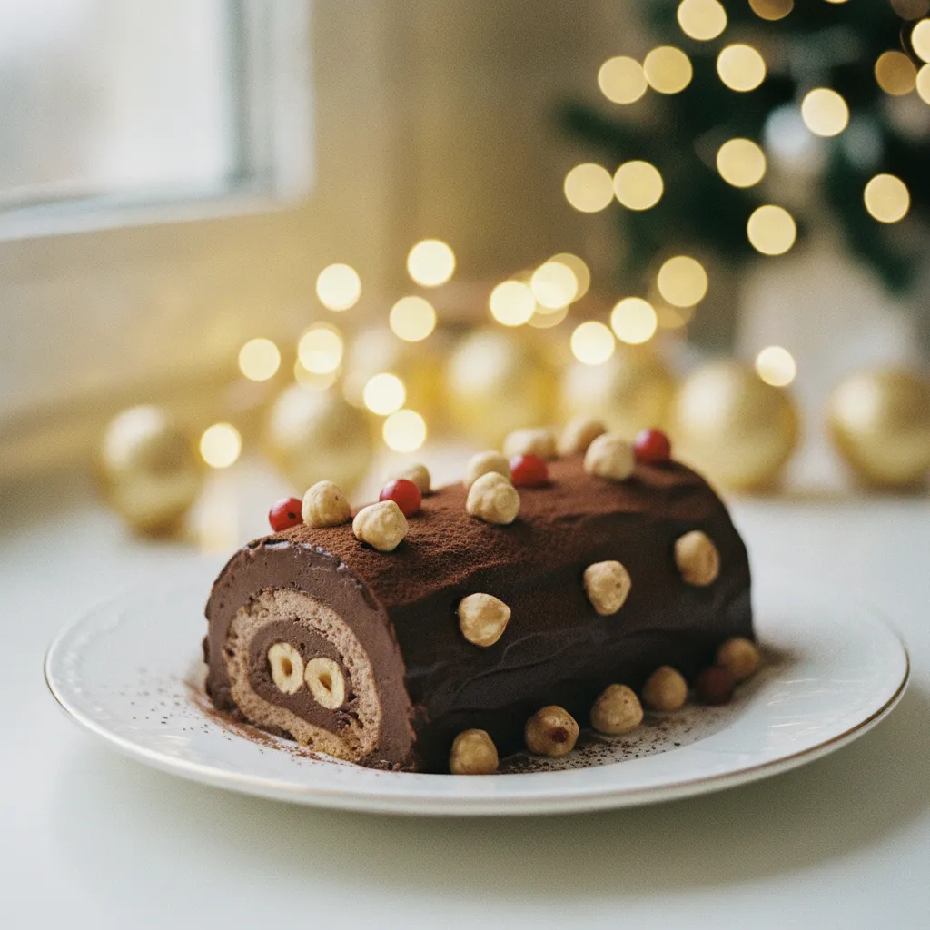 Bûche de Noël végane au chocolat noir et praliné noisette prête à être servie