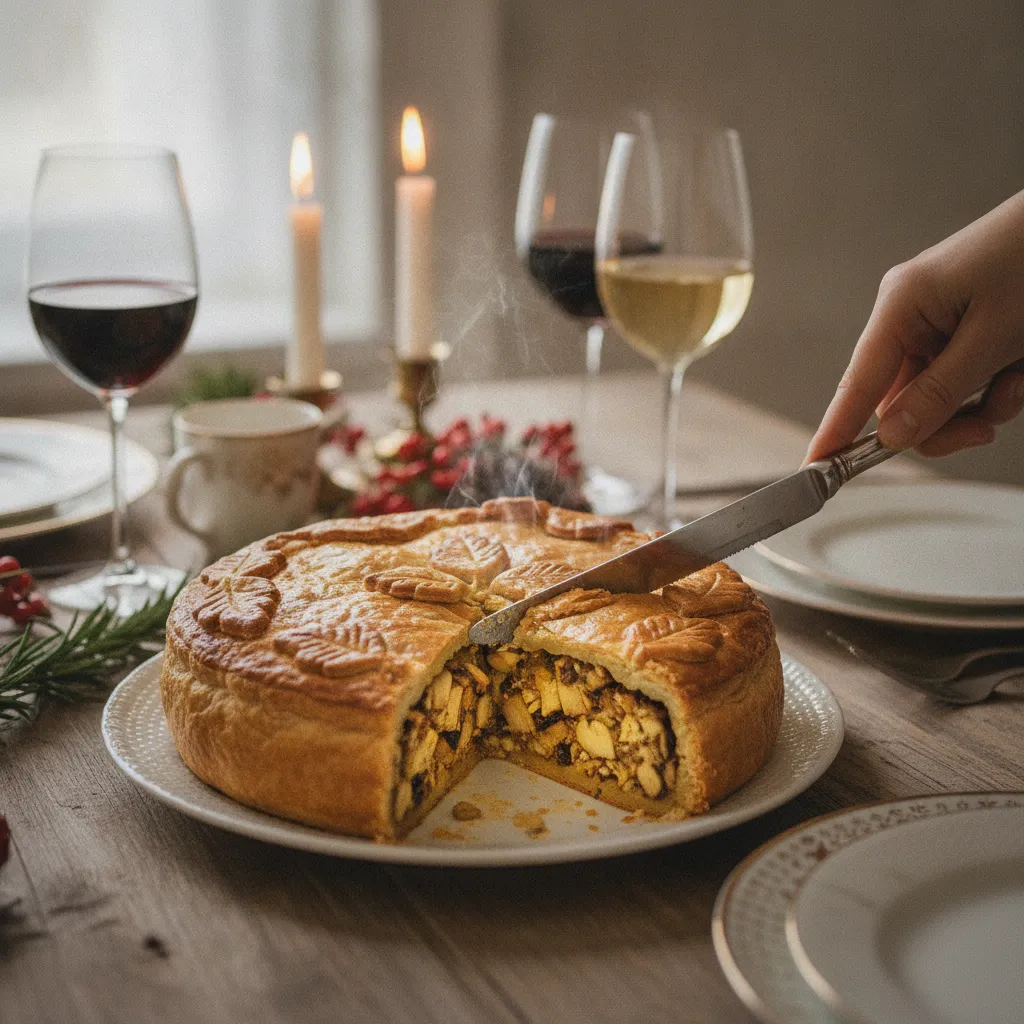 Une tourte feuilletée aux champignons et châtaignes, plat végétarien gastronomique par excellence