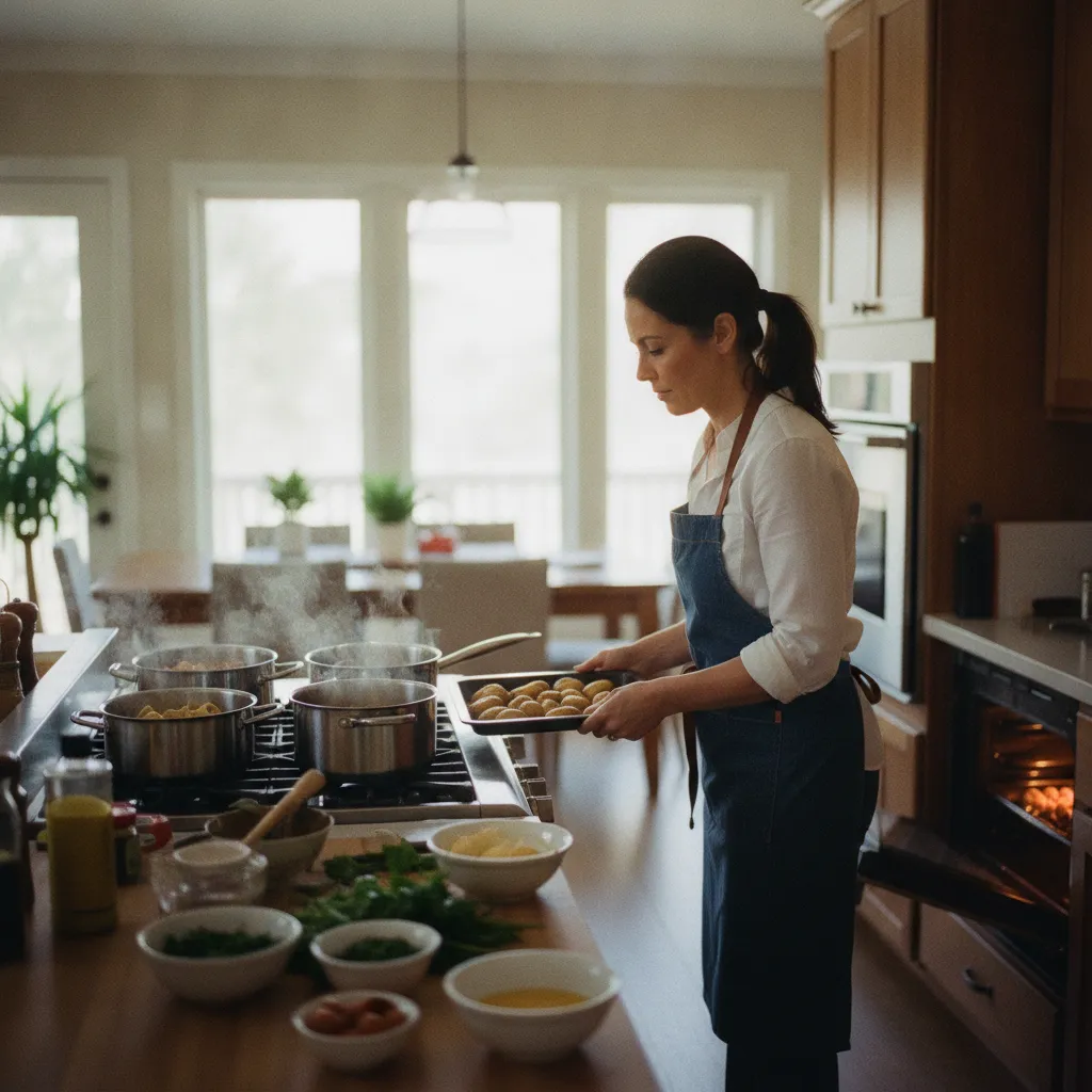 Un cuisinier à domicile prépare plusieurs plats en parallèle dans votre propre cuisine