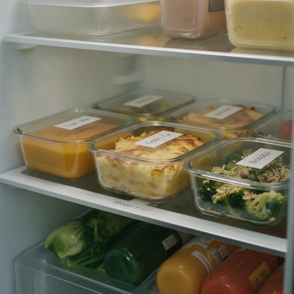 Les plats préparés et rangés au réfrigérateur dans des contenants en verre étiquetés
