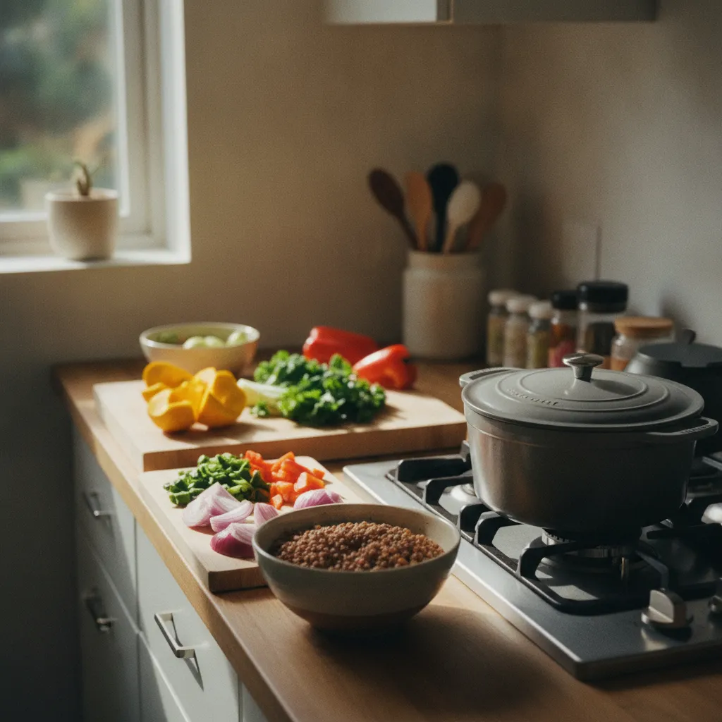 Une session de batch cooking dominicale avec légumes de saison et légumineuses