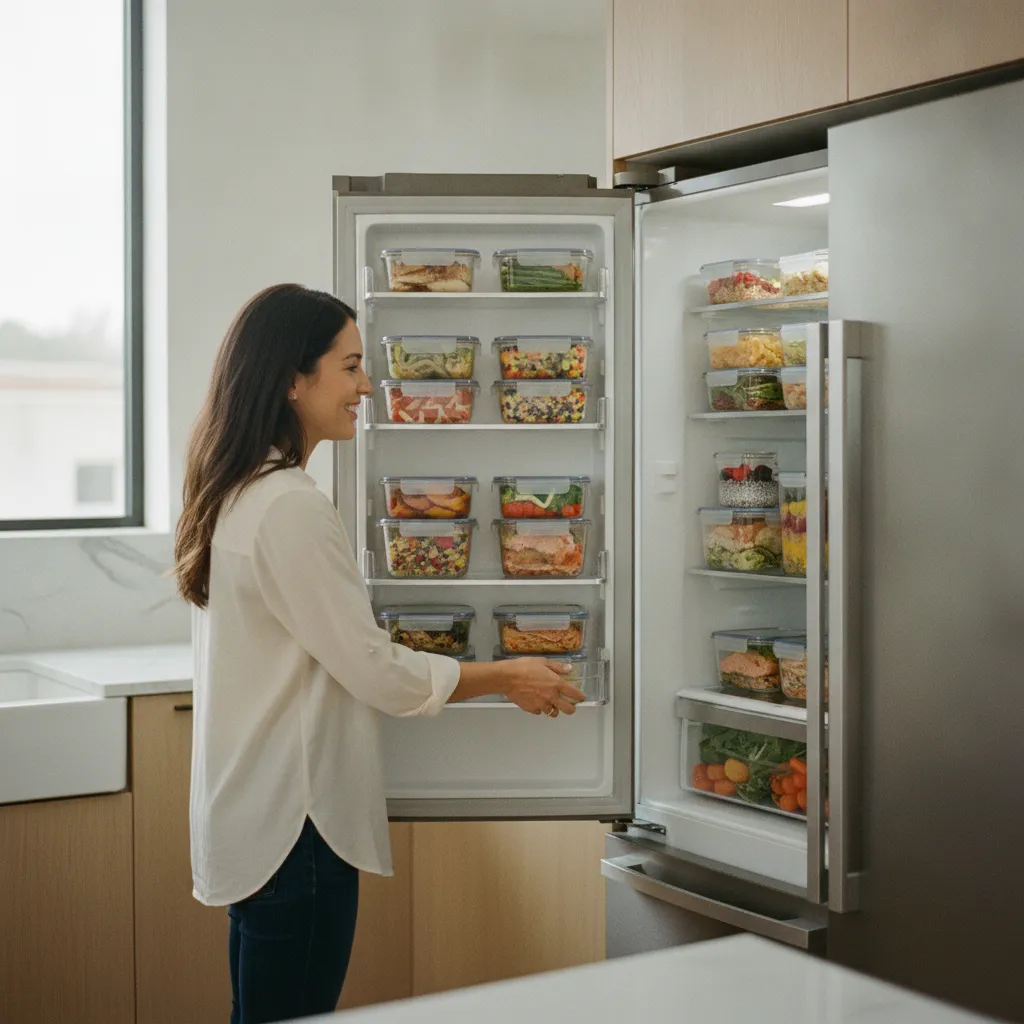 Un réfrigérateur bien organisé après une session de batch cooking healthy