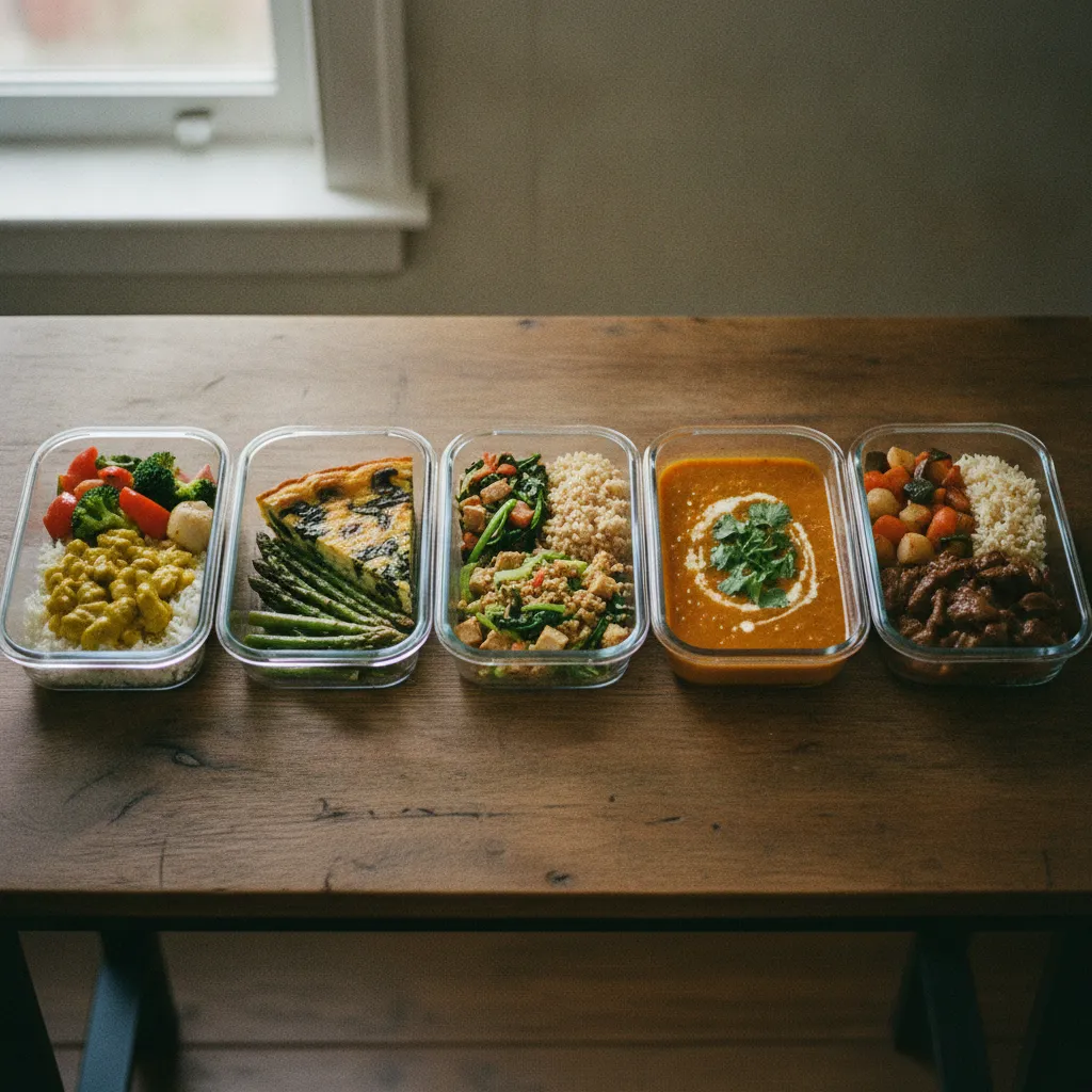 Cinq repas de la semaine prêts et répartis dans des contenants en verre