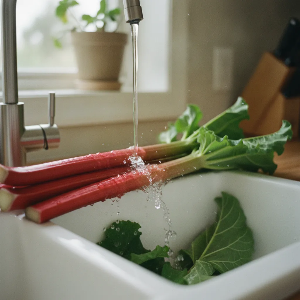 Le lavage soigneux des tiges de rhubarbe est une étape indispensable avant la congélation