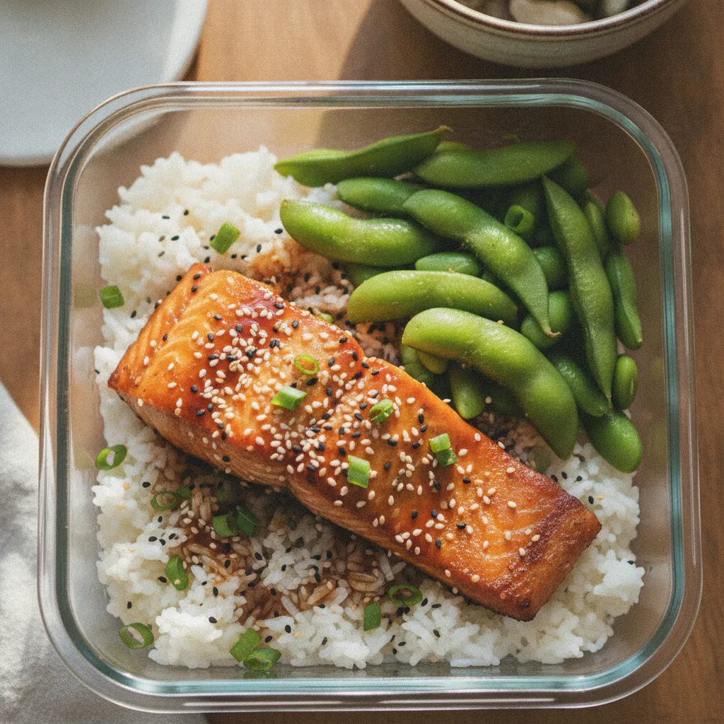 Bowl de saumon teriyaki, riz basmati et édamamé prêt à être emporté au bureau