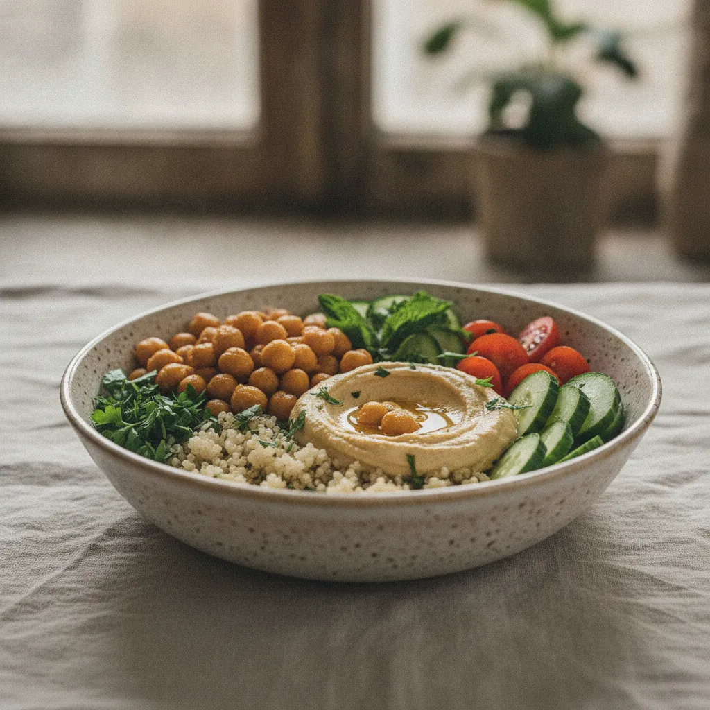 Buddha bowl méditerranéen aux pois chiches, quinoa et légumes frais