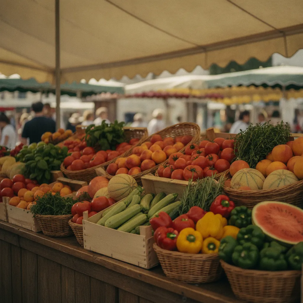 Étal de marché estival avec fruits et légumes de saison pour des repas frais
