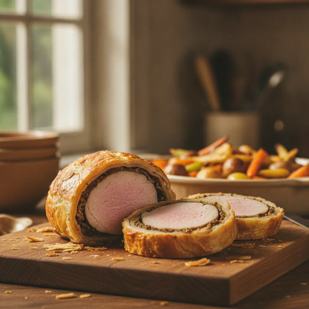 Un filet mignon en croûte doré et croustillant, accompagné de légumes rôtis de saison