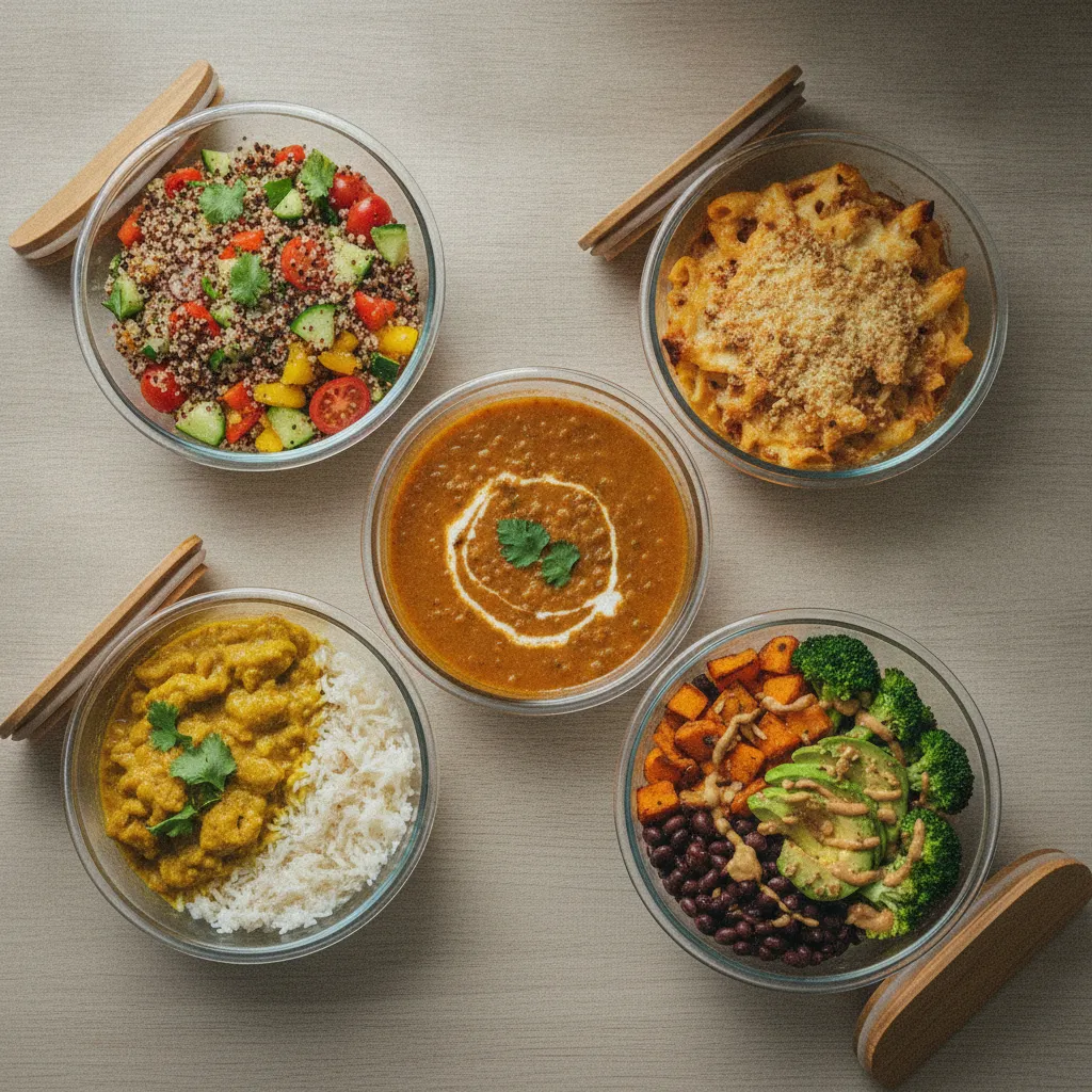 Cinq repas différents préparés à partir des mêmes bases lors d'une session de batch cooking