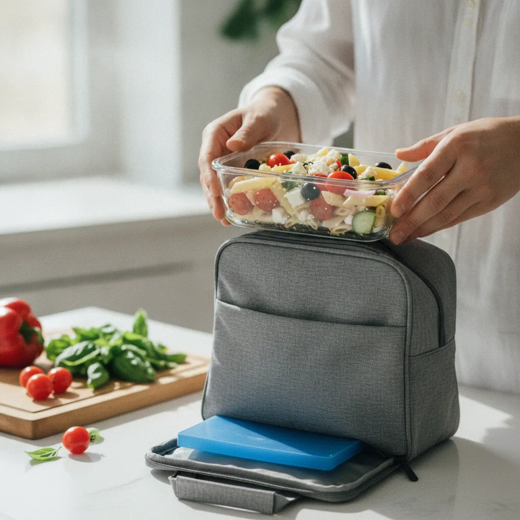 Un sac isotherme avec pain de glace garantit la fraîcheur du repas jusqu'au déjeuner