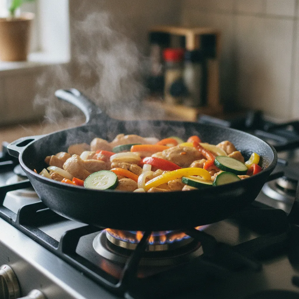 Un sauté de poulet aux légumes colorés dans une poêle en fonte