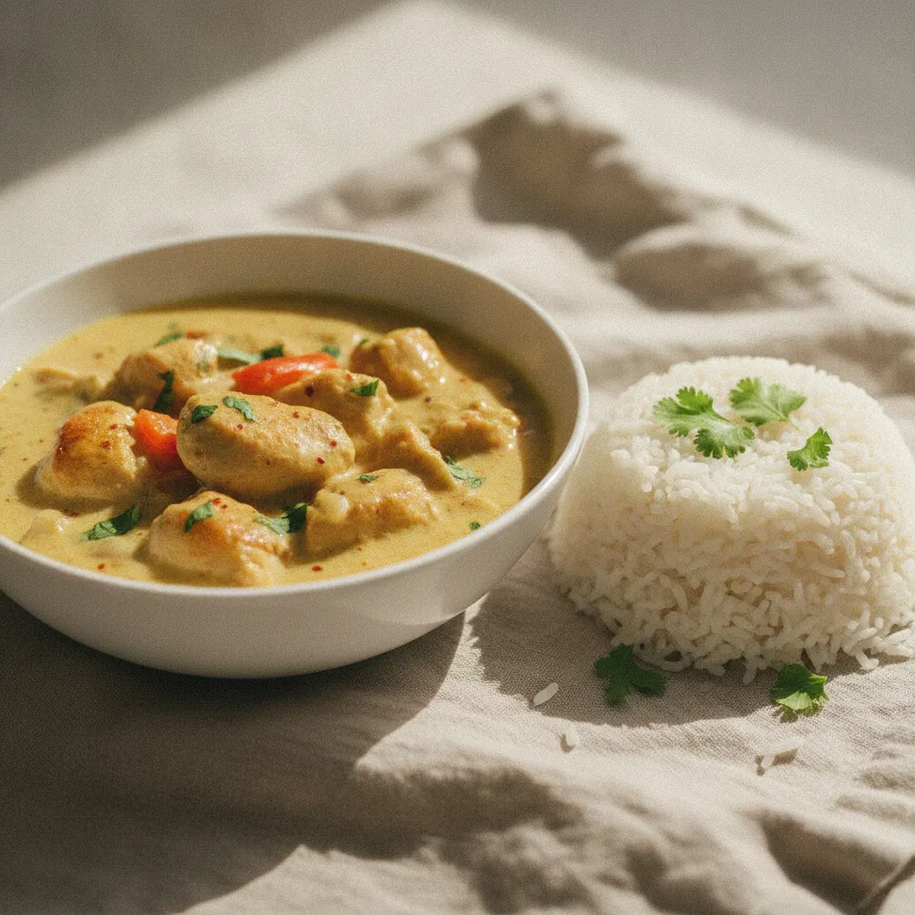 Un curry de poulet crémeux au lait de coco servi avec du riz jasmin
