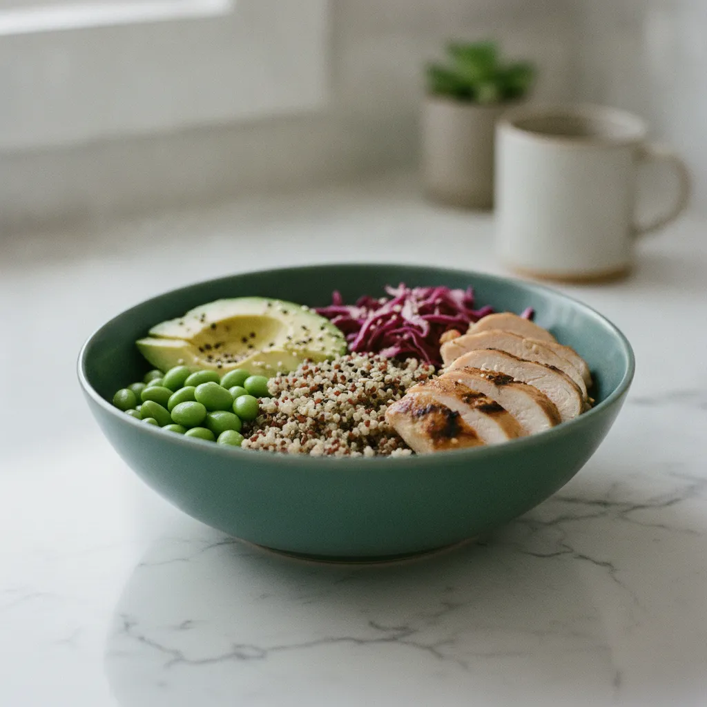 Un Buddha bowl complet au poulet grillé avec quinoa et légumes frais