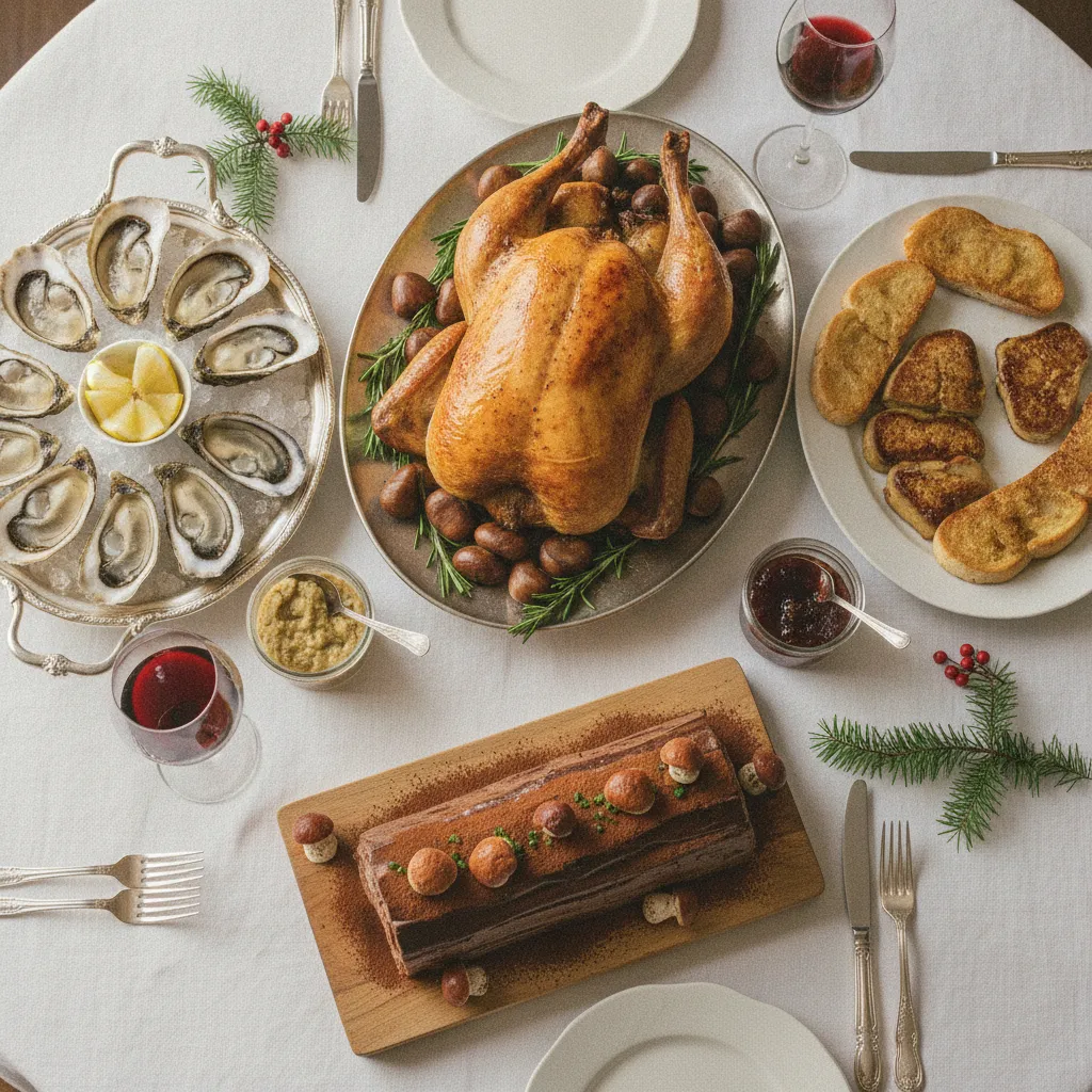 Le repas typique du réveillon de Noël avec ses incontournables : foie gras, huîtres, chapon et bûche