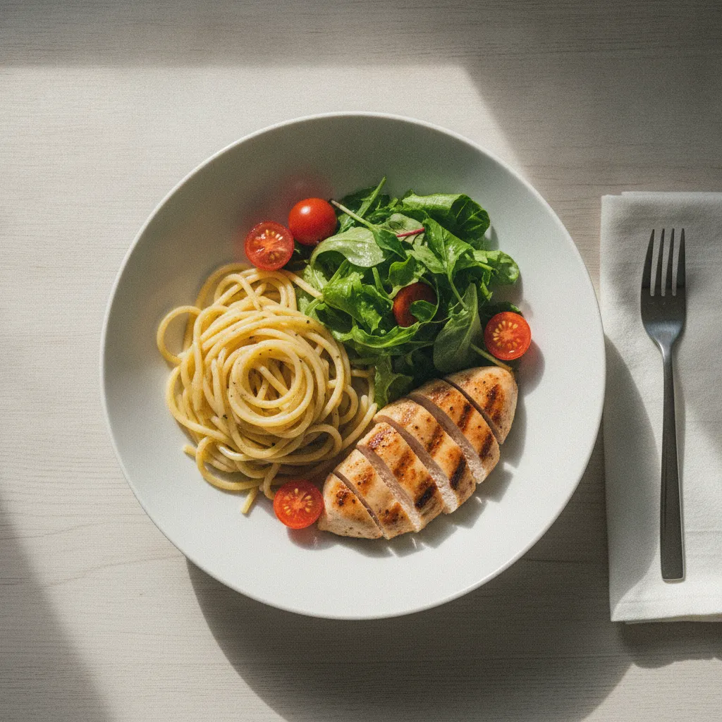 L'assiette idéale du midi : féculents, protéines et légumes en parts égales