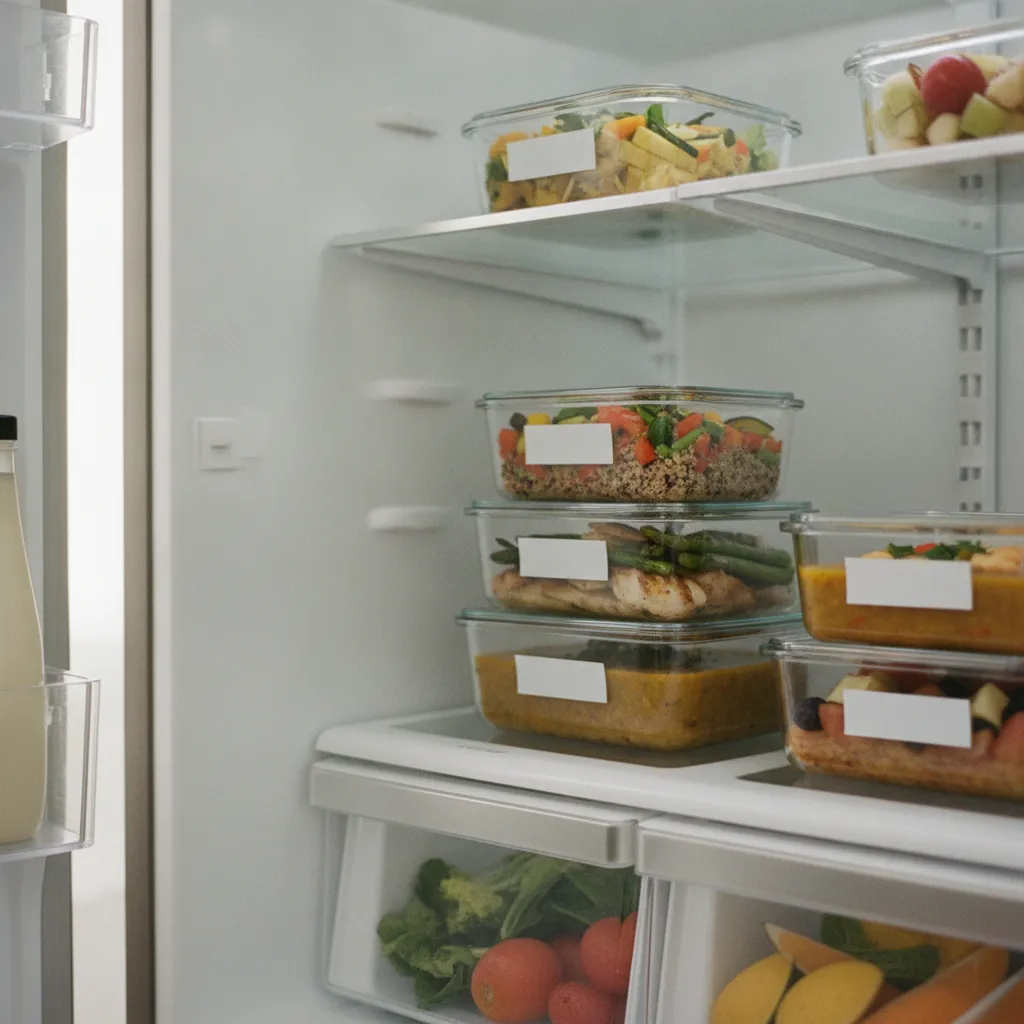 Des contenants en verre étiquetés et bien rangés dans le réfrigérateur