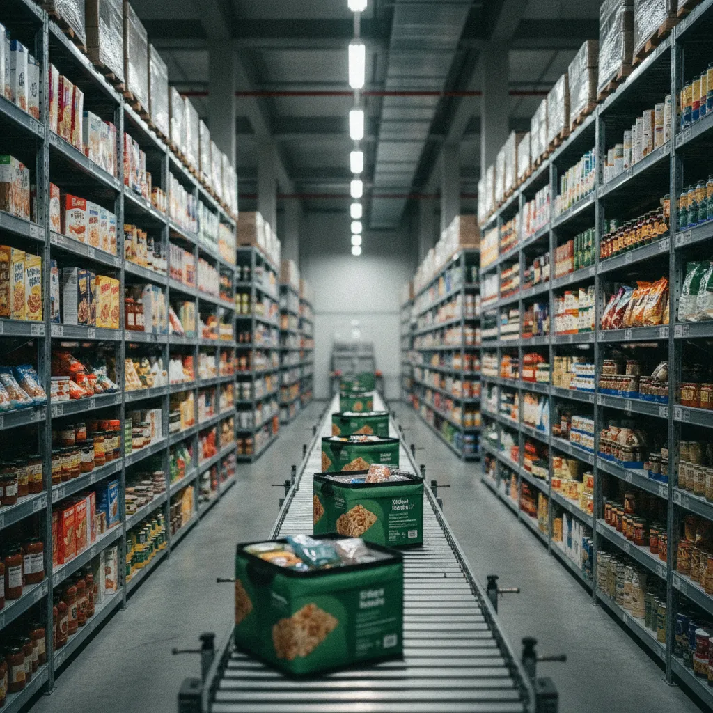 Un entrepôt logistique de type fulfilment center dédié à la préparation des commandes alimentaires