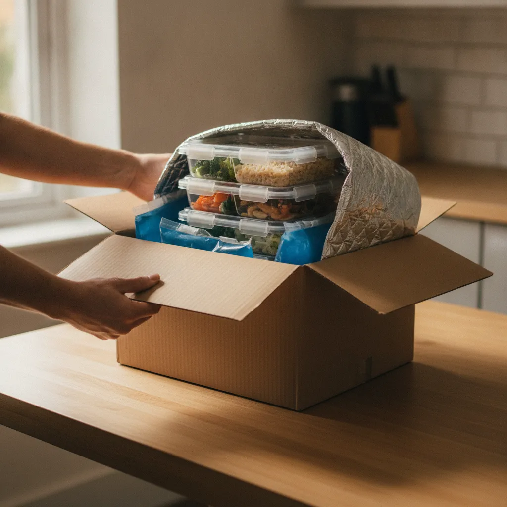 Réception d'un colis de plats préparés livrés à domicile avec emballage isotherme