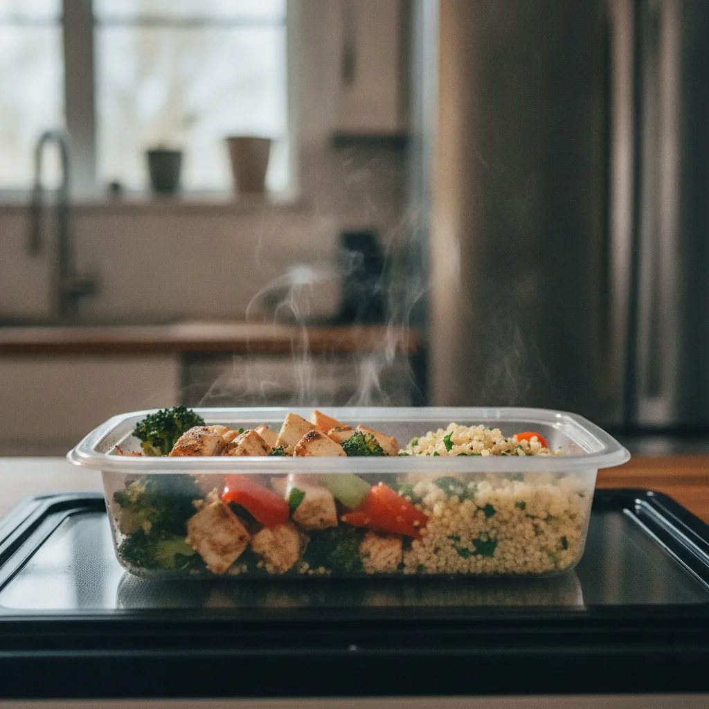 Un plat meal prep en cours de réchauffage avec poulet et légumes