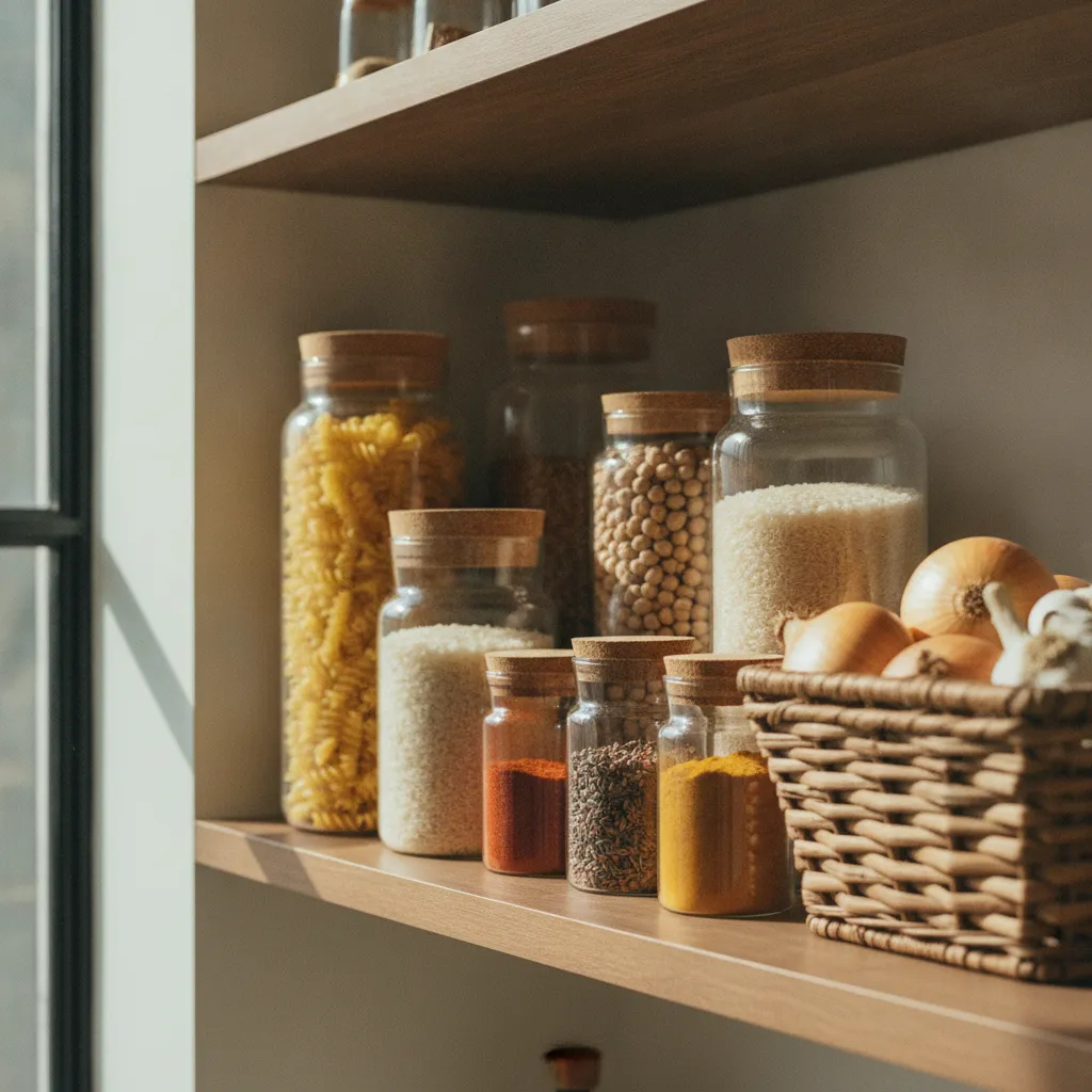 Un placard bien garni avec les ingrédients de base pour cuisiner économique