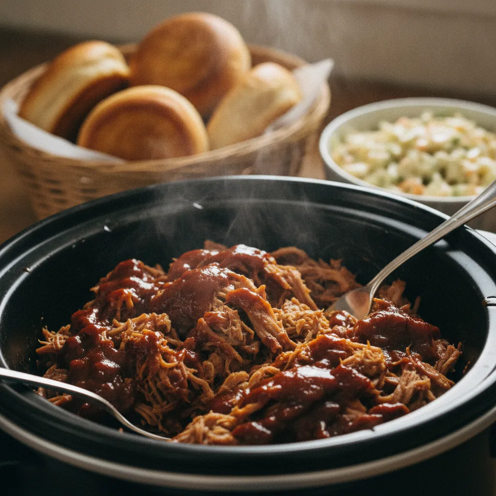 Le pulled pork effiloché après 10 heures de cuisson lente à la mijoteuse électrique