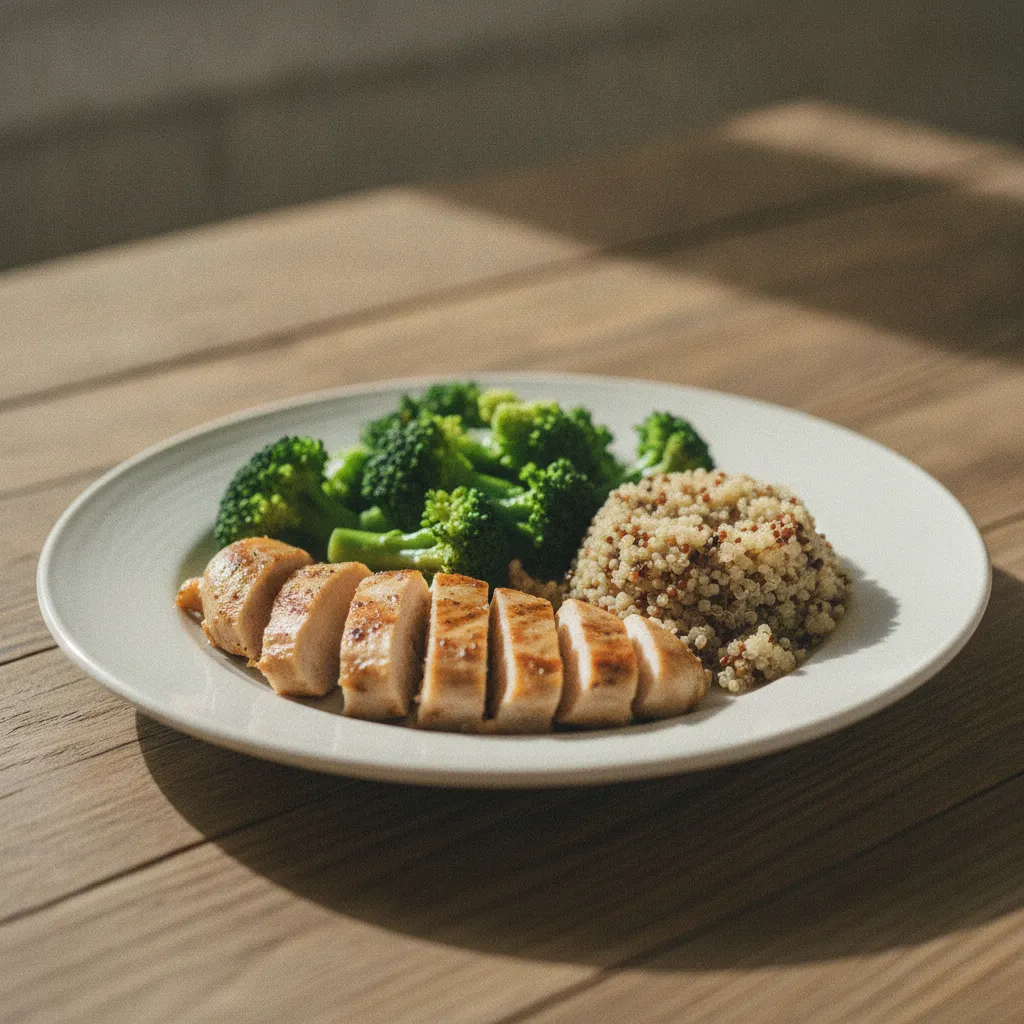 Une assiette type de déjeuner hypocalorique : poulet grillé, brocolis et quinoa