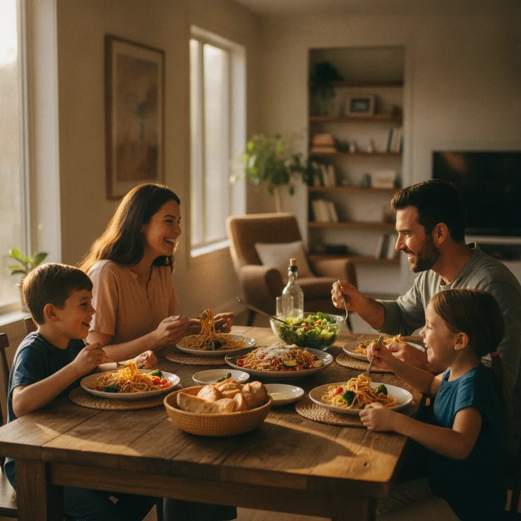 Un dîner végétarien en famille avec des pâtes aux légumes et du fromage