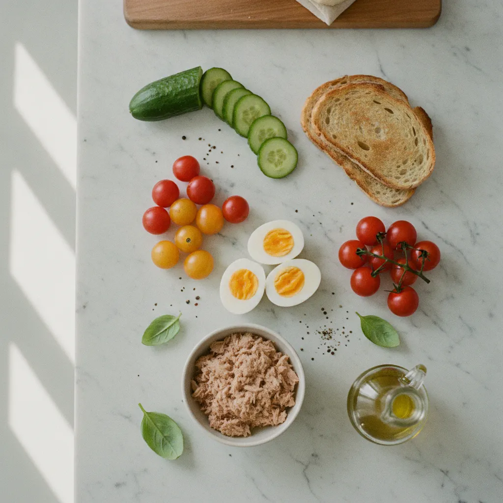 Les ingrédients de base d'un repas froid réussi : protéines, légumes, pain et huile d'olive