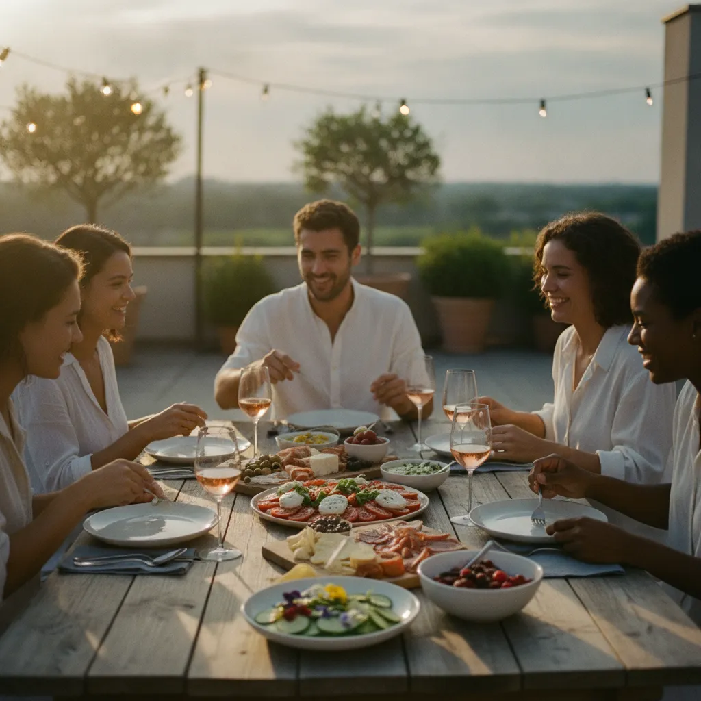 Un dîner froid entre amis en terrasse, convivial et sans stress en cuisine