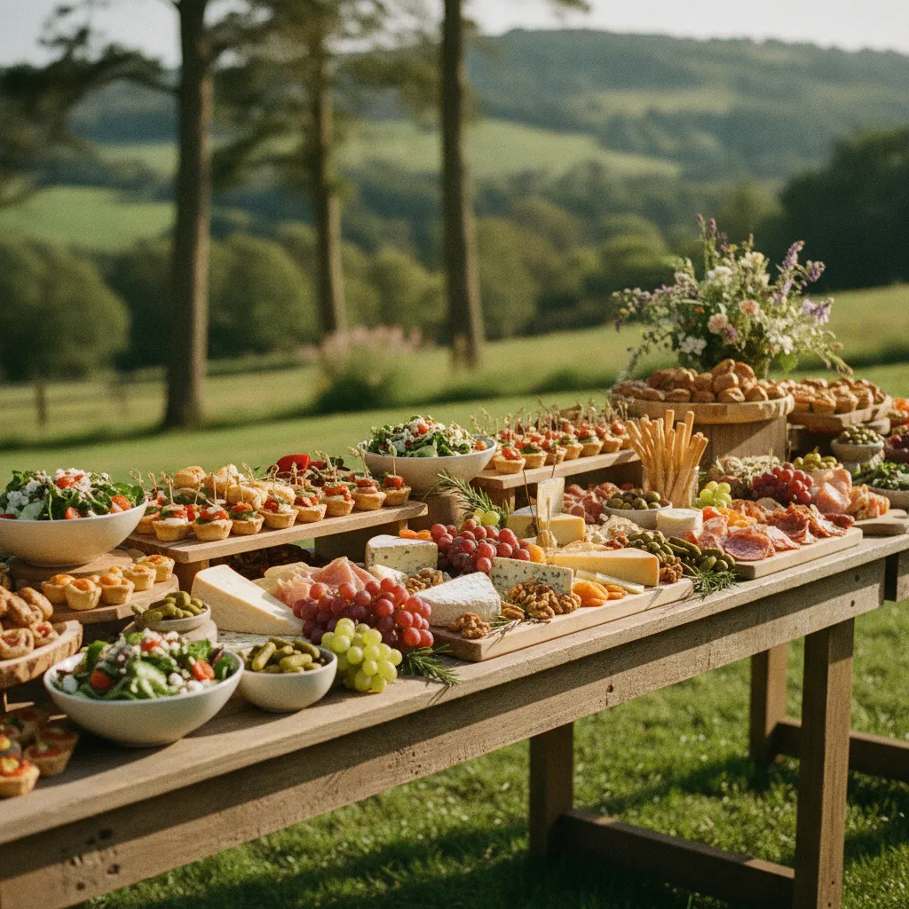 Buffet de mariage champêtre avec fromages, charcuteries et salades fraîches
