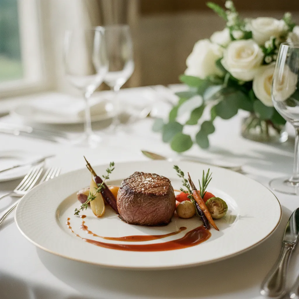 Plat principal de mariage : filet de bœuf et légumes rôtis dressés à l'assiette