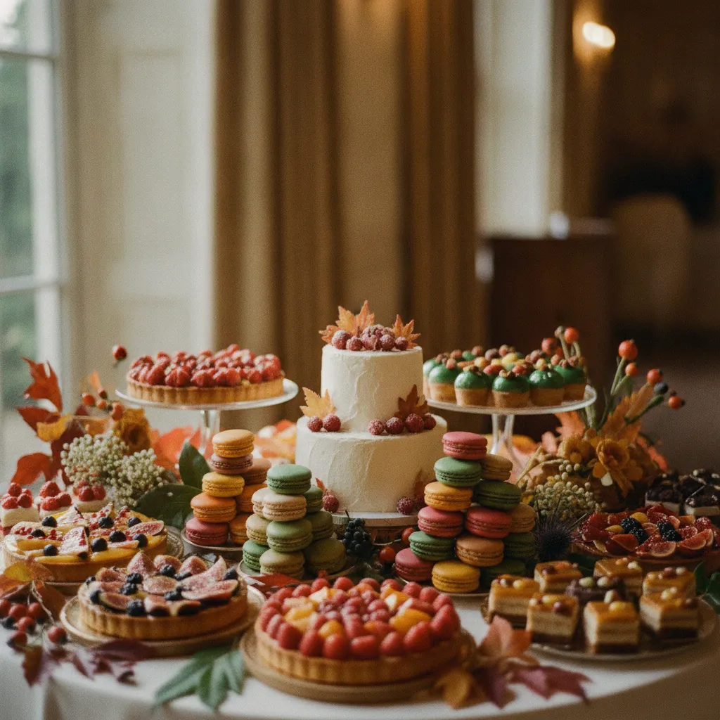 Table de desserts automnale avec tartes aux fruits, macarons et pièce montée